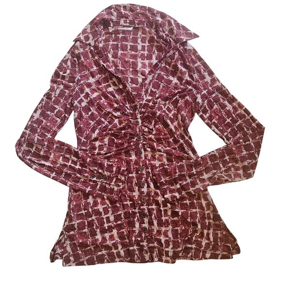 Free People Red Cream Plaid Sheer Long Sleeve Button Front Blouse Small Retro - Picture 1 of 7
